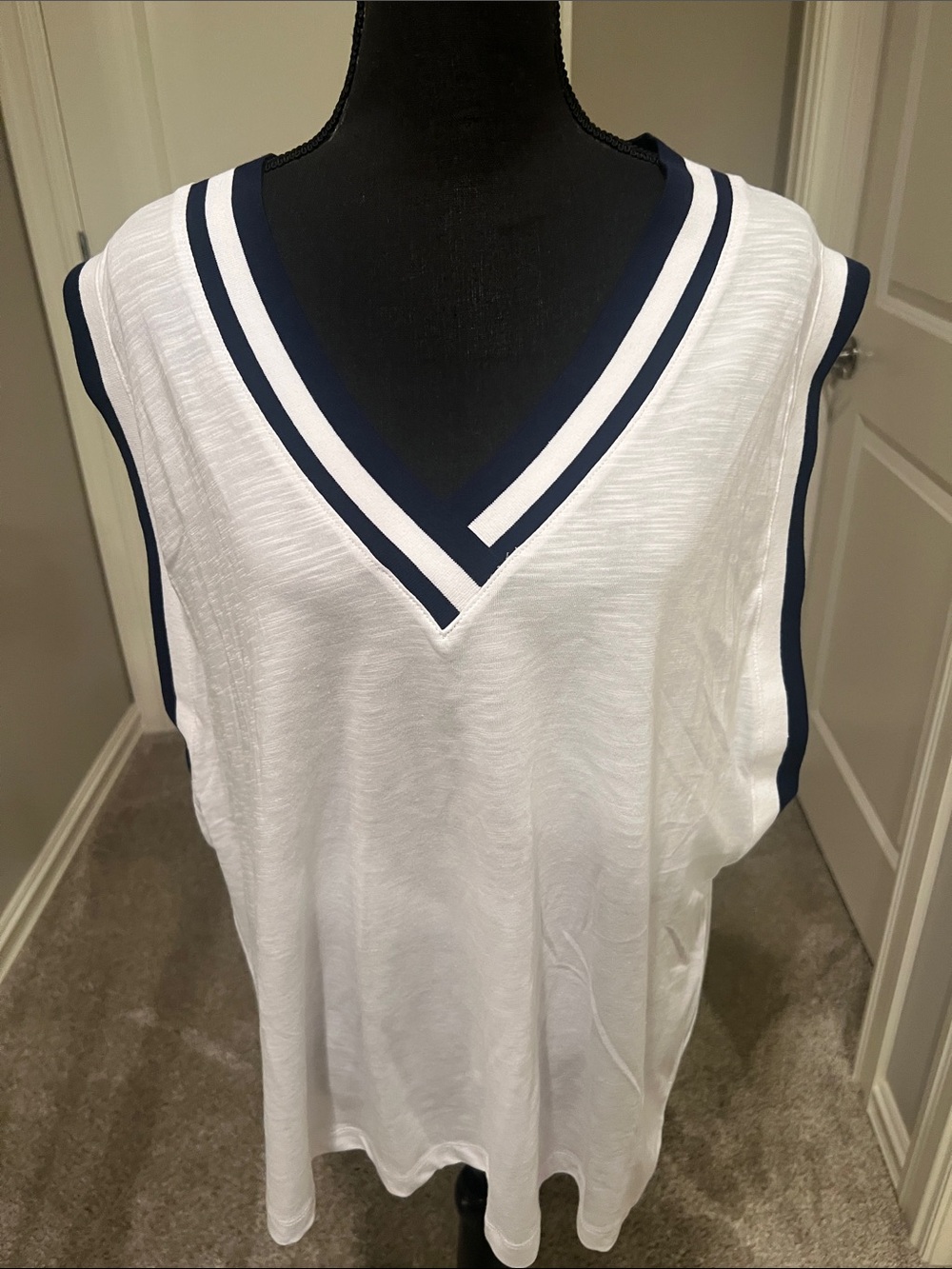 Cato White V-Neck Tank with Navy Trim